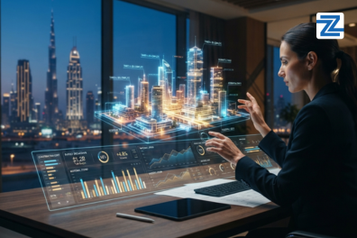A professional interacting with a holographic 3D city model and data dashboard with a Dubai skyline view, representing the BIM 4D and 5D Training Course at Zabeel Institute.
