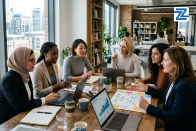 A diverse group of corporate women collaborating and analyzing data on a tablet during a business training workshop at Zabeel International Institute.