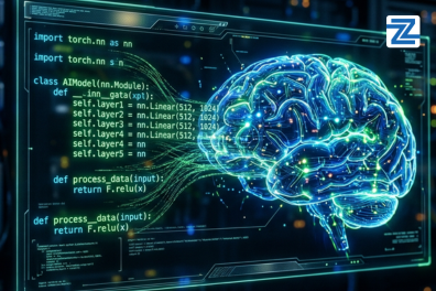 A glowing, digital neural network interface being shaped by human hands, representing the AI Applications & Agent Development With Python & LLM APIS Course at Zabeel Institute.