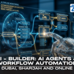 AI Builder – AI Agents & Workflow Automation Builder Course A futuristic robotic hand interacting with a digital interface showing complex AI pipeline monitoring, process nodes, and decision trees, branded by Zabeel Institute.