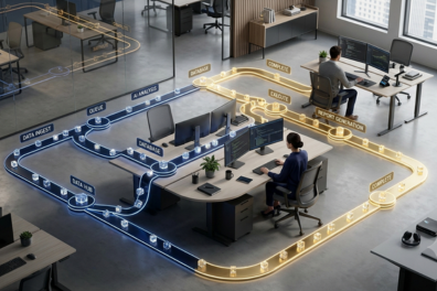 An overhead view of a modern office where employees work at computers linked by a glowing, 3D digital pipeline representing data ingestion, analysis, and report generation.