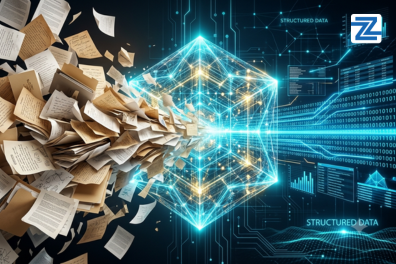 A conceptual graphic illustrating a chaotic pile of documents being processed through a glowing, 3D crystalline AI interface into organized structured data streams, featuring the Zabeel Institute logo.