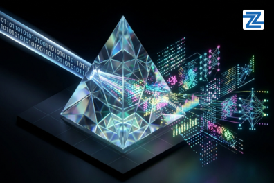 A crystalline prism refracting binary data streams into complex, colorful 3D data visualizations and neural network models for the AI and Machine Learning with Python Training Course at Zabeel Institute.