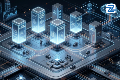 A futuristic 3D digital infrastructure visualization featuring data streaming, machine learning models, and API gateway nodes for the AWS Certified AI Practitioner (AIF-C01) Course at Zabeel Institute.