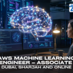 A professional studying AWS cloud machine learning with a holographic neural network brain interface, for the AWS Machine Learning Engineer – Associate Certification Course in Dubai offered by Zabeel Institute.