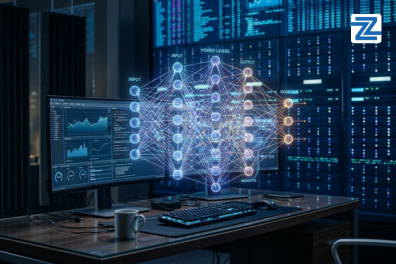 A high-tech workstation displaying complex neural network layers and data visualizations for the AWS Machine Learning Engineer – Associate Certification Course at Zabeel Institute.