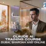 Claude AI Mastery for Business Professionals A professional interacting with a holographic data interface for a Claude AI training course in a modern office, featuring Zabeel Institute branding.