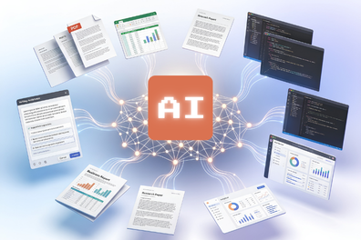 A conceptual graphic illustration of an AI central hub connected to various data inputs including documents, spreadsheets, code editors, and analytical reports.