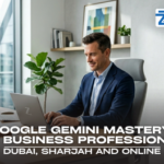 Google Gemini Mastery for Business Professionals A business professional working on a laptop in a modern office, featuring the Zabeel Institute logo and a banner for the GOOGLE GEMINI MASTERY FOR BUSINESS PROFESSIONAL Course.