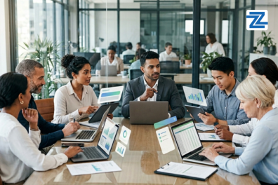 A diverse team of professionals collaborating in a boardroom, using laptops with holographic data charts, for the GOOGLE GEMINI MASTERY FOR BUSINESS PROFESSIONAL Course.