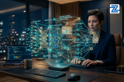 A professional developer working at a desk, interacting with a complex, floating 3D neural network and knowledge graph interface for the Knowledge Assistant Development Mastery [AI] Course.