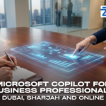 A professional team in a boardroom interacting with a holographic Microsoft Copilot data interface for the MICROSOFT COPILOT FOR BUSINESS PROFESSIONALs course at Zabeel Institute.