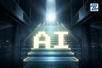 A cinematic conceptual image of glowing, pixelated 'AI' lettering on a futuristic staircase leading to a bright light, representing the MICROSOFT COPILOT FOR BUSINESS PROFESSIONALs course path.