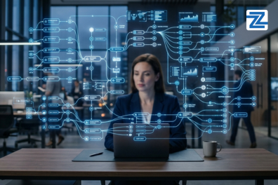 A professional using a laptop surrounded by a complex, glowing holographic flowchart of automated processes for the Microsoft Copilot Studio AI Training Course at Zabeel Institute