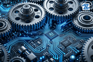 A conceptual graphic featuring metallic gears and a glowing central AI circuit board, representing the Microsoft Power Automate Mastery COurse at Zabeel Institute.