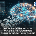 A tablet displaying a 'Synthesis AI' dashboard with data analytics, content analysis trends, and key insights for the Notebooklm ai Mastery Course by Zabeel Institute.