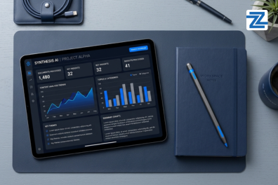 A tablet displaying a 'Synthesis AI' dashboard with data analytics, content analysis trends, and key insights for the Notebooklm ai Mastery Course by Zabeel Institute.