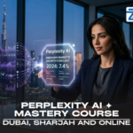 Perplexity AI Mastery Course A business professional analyzing emerging market data on a holographic display with the Dubai skyline in the background, promoting the Perplexity ai Mastery Course at Zabeel Institute.