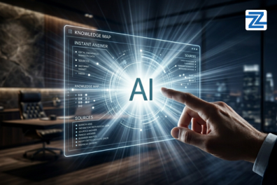 A professional hand interacting with a glowing holographic 'Knowledge Map' interface, representing the Perplexity ai Mastery Course offered by Zabeel Institute.