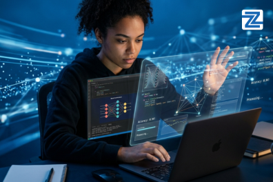 A developer interacting with a holographic interface displaying neural network code and model accuracy metrics, for the Python Programming Fundamentals for AI Course by Zabeel Institute.