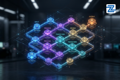 A futuristic, glowing 3D digital architecture diagram representing data input, processing, transformation, and output nodes for the n8n AI Automation Studio Course at Zabeel Institute.