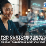 AI for Customer Service and Contact Centre Training Course A professional customer service representative wearing a headset, interacting with an advanced digital data dashboard, promoting the AI for Customer Service and Contact Centre Training Course in Dubai at Zabeel Institute.