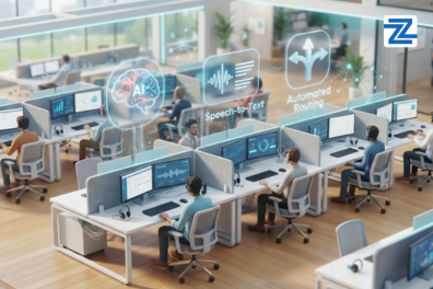 A modern contact center office with holographic overlays showing AI brain, speech-to-text, and automated routing, representing the AI for Customer Service and Contact Centre Training Course at Zabeel Institute.