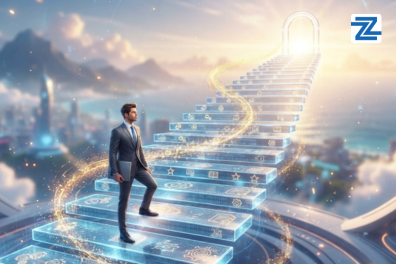 A professional in a suit climbing glowing, futuristic stairs etched with learning icons, representing the AI for HR and Learning and Development Training Course at Zabeel Institute.