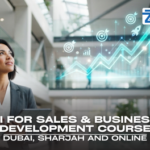 AI for Sales and Business Development Training Course A professional woman observing a holographic growth chart in a modern office, promoting the AI for Sales and Business Development Training Course in Dubai at Zabeel Institute.