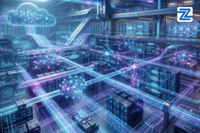 "A futuristic digital server farm with glowing data pipelines and neural network visualizations, representing the Google Professional Machine Learning Engineer Certification Course at Zabeel Institute.