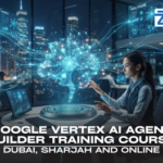 Google Vertex AI Agent Builder Training Course A professional interacting with a glowing holographic neural network interface, representing the Google Vertex AI Agent Builder TRAINING COURSE in Dubai at Zabeel Institute.