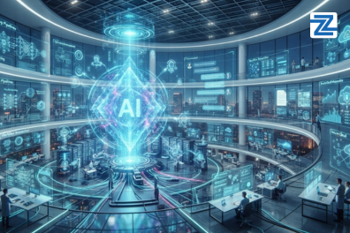 A high-tech, circular AI operations center featuring large holographic displays of machine learning pipelines, algorithmic training, and workflow automation