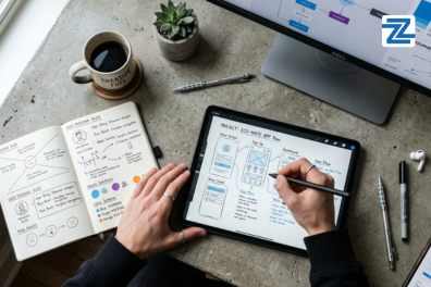 A designer sketching mobile app wireframes and user flows on a tablet alongside a notebook and coffee cup at Zabeel Institute.