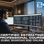 An engineer working at a desk with ultra-wide monitors displaying technical blueprints and data analytics overlooking the Dubai skyline at sunset, promoting the Certified Estimating Professional course at Zabeel Institute.