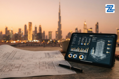 Architectural blueprints, a pen, and a tablet displaying data analytics charts and a 3D building model against a Dubai sunset skyline backdrop at Zabeel Institute.