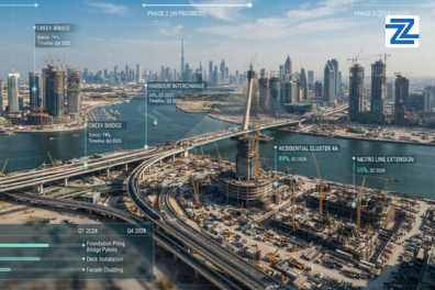 An aerial view of a major Dubai construction site with digital data overlays tracking project phases, timelines, and progress metrics for the Certified Scheduling Technician course at Zabeel Institute.