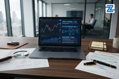 A wooden desk setup featuring a laptop displaying financial charts and agreement terms, architectural blueprints with a magnifying glass, and contract documents at Zabeel Institute.