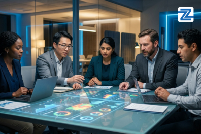 A diverse corporate team collaborating around a glass boardroom table displaying glowing interactive data charts and analytics at Zabeel Institute.